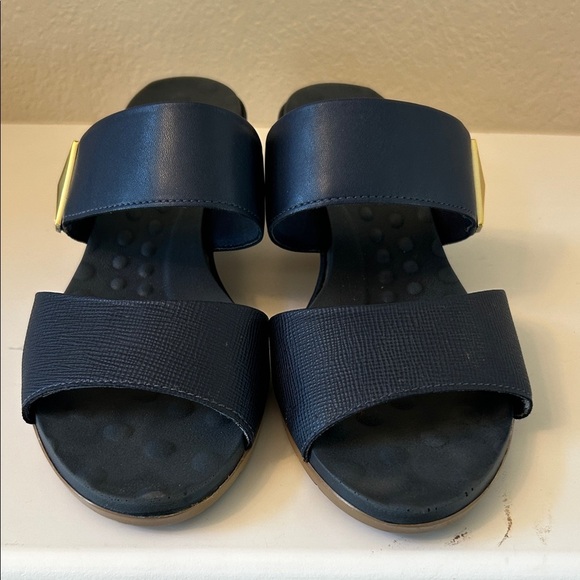 Malu Navy Blue Slide Sandals with Gold Accent - Picture 1 of 11